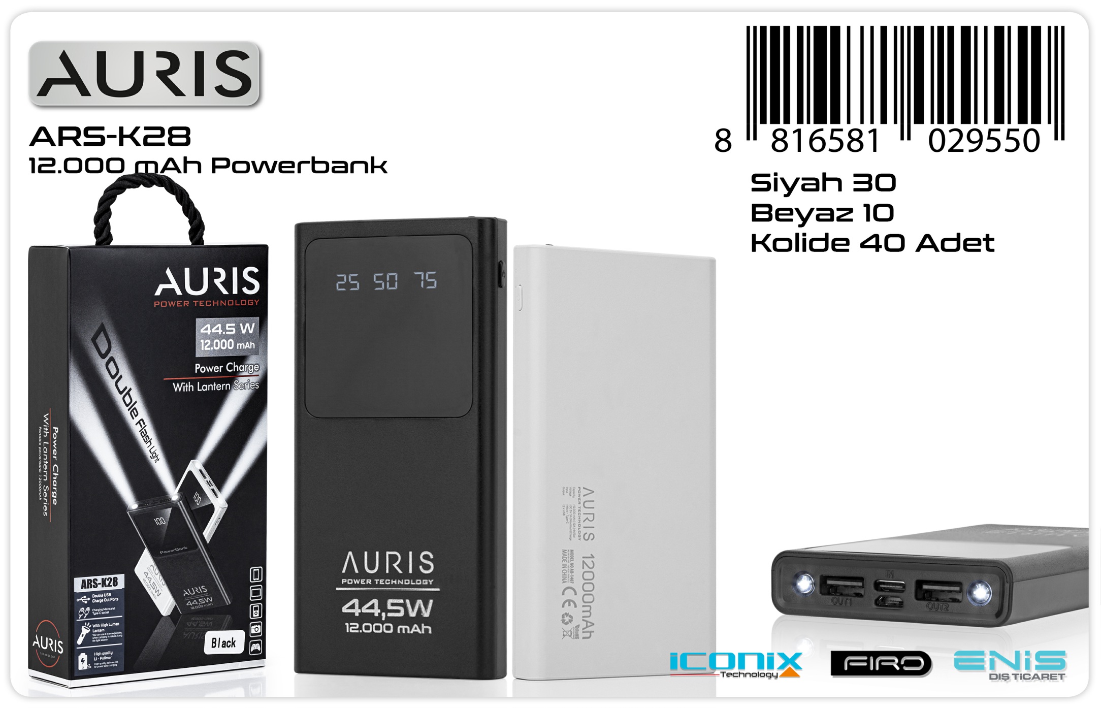 Auris K28 Siyah 12000mah 44-5w Powerbank LCD Gösterge ve 2 Flash Işıklı